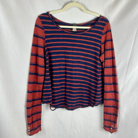 We the Free Burnt Red Blue Mix It Stripe Tee Women Small Long Sleeves Distressed - Picture 3 of 10